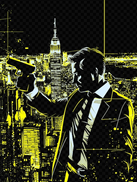 A drawing of a man with a gun pointing to a building with the empire state building in the backgroun