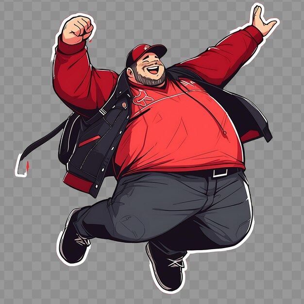 A drawing of a man with a red jacket and a black jacket that says  hes a