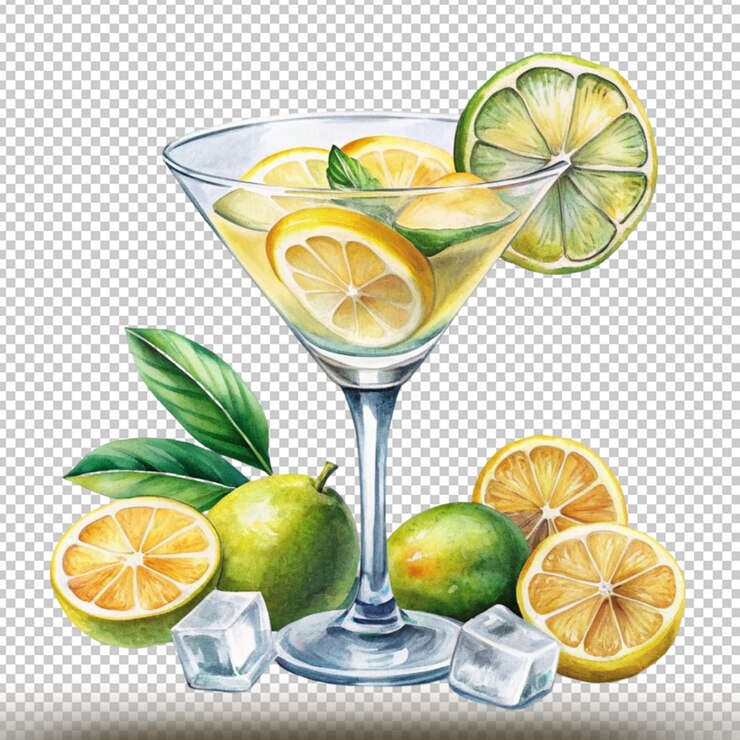 PSD a drawing of a martini glass with limes and limes