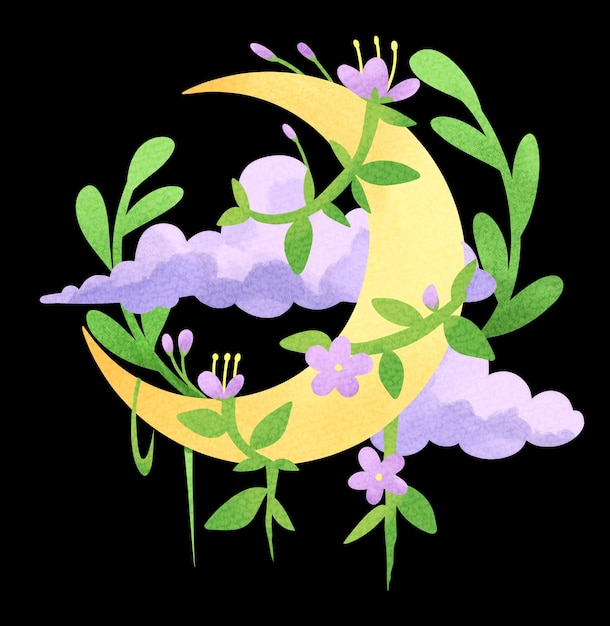 PSD a drawing of a moon and flowers