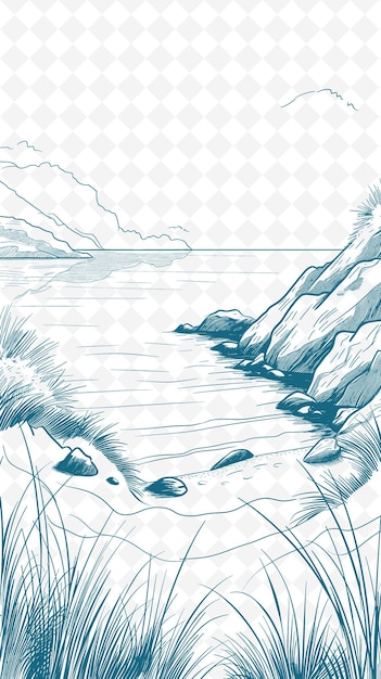 PSD un disegno di una montagna con un lago sullo sfondo