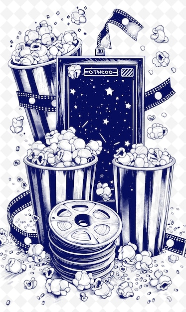 PSD un disegno di un poster di un film con una scatola di popcorn e una scatoletta di popcorns