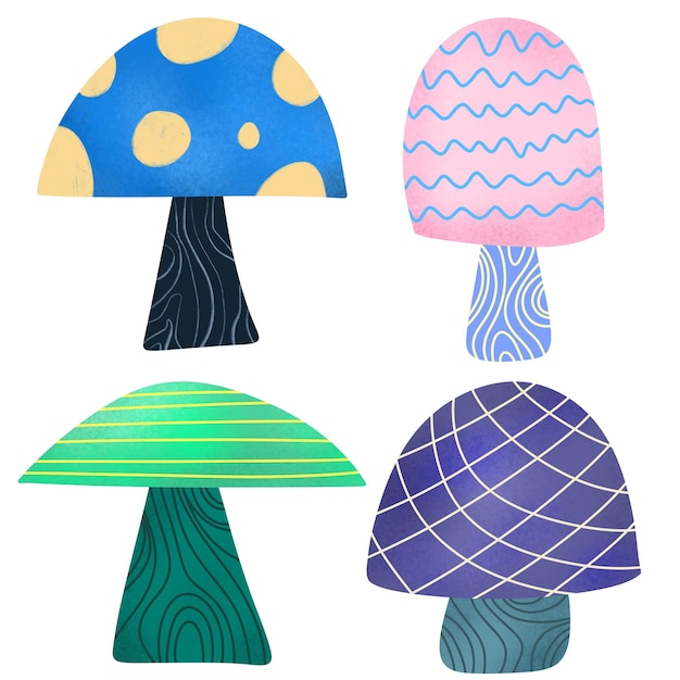 a drawing of mushrooms and a hat with a blue and green background
