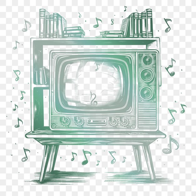 Un disegno di una vecchia tv con note musicali su di essa