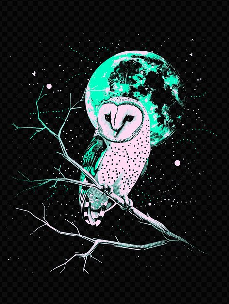 PSD a drawing of a owl with a green moon and a tree branch