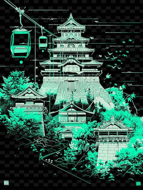 PSD a drawing of a pagoda with a green background