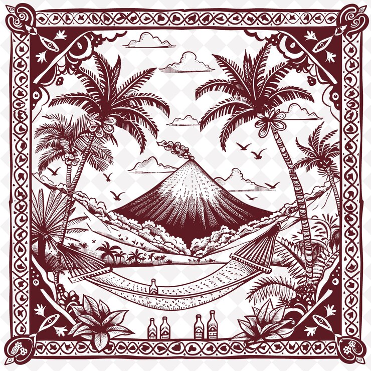 PSD a drawing of palm trees and a boat with a picture of a fish on it