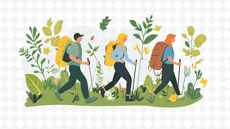 PSD a drawing of people walking in a field with plants and plants