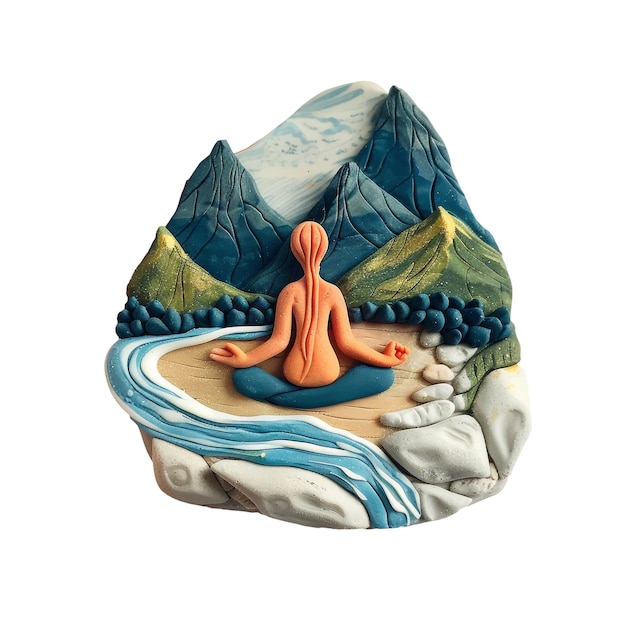 A drawing of a person in a yoga pose with a mountain and trees