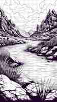 PSD a drawing of a river with a mountain in the background