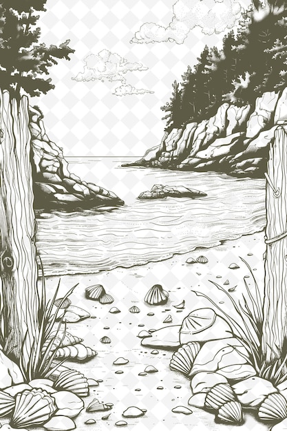 PSD a drawing of a river with rocks and trees in the background