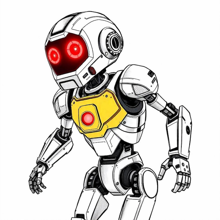 PSD a drawing of a robot with red eyes and a yellow top