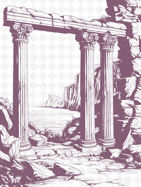 A drawing of the ruins of a temple with the ocean in the background