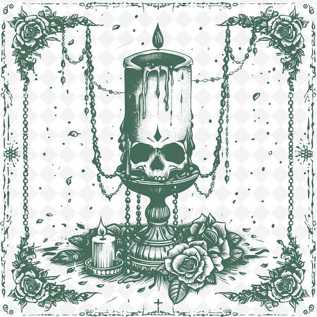 PSD a drawing of a skull and a candle with a green background with a picture of a skull and flowers