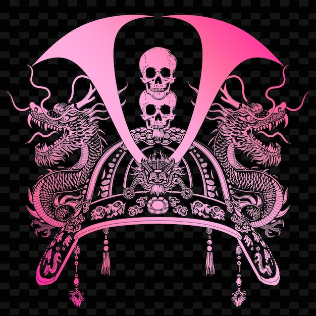 Un disegno di un cranio e un drago con uno sfondo rosa