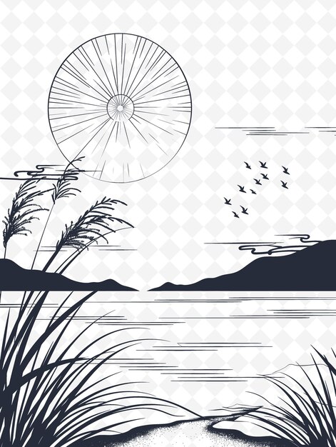 PSD a drawing of a sun and seagulls flying in front of a sun and water