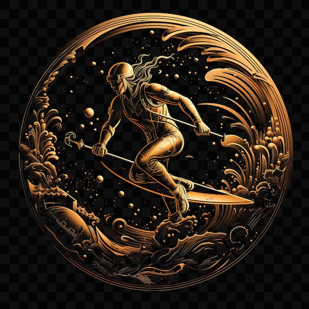 A drawing of a surfer on a board with the moon behind it