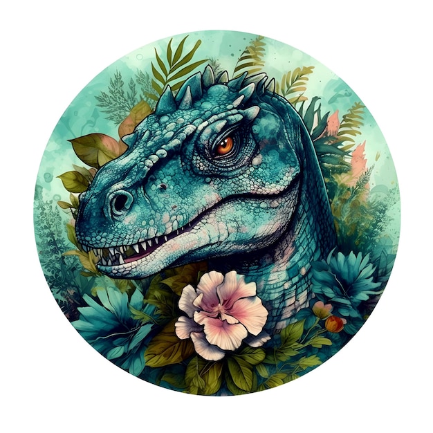 A drawing of a t rex with a flower in the middle.