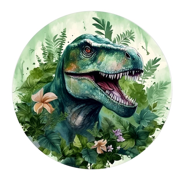 PSD a drawing of a t - rex with green leaves and flowers.