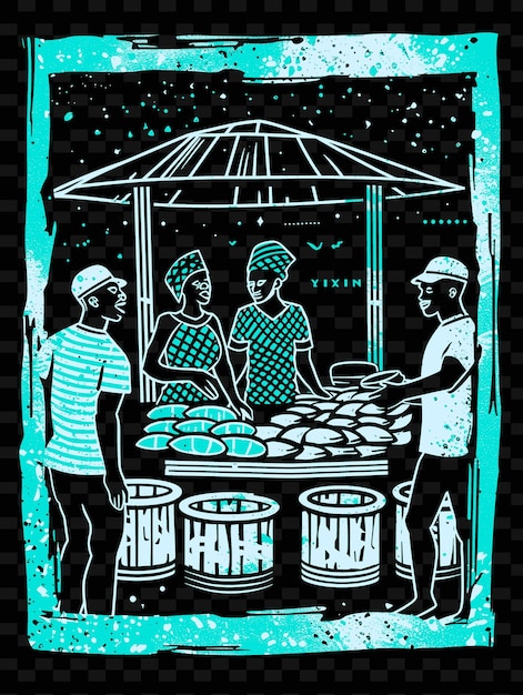 PSD a drawing of three people selling fish at a market