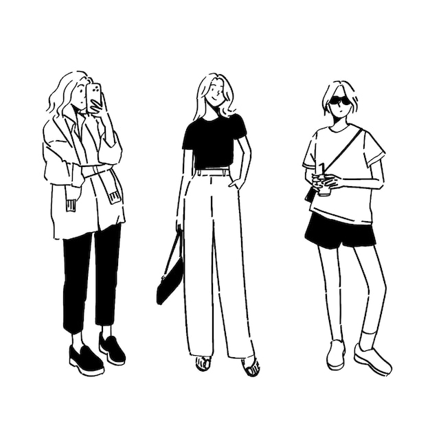 PSD un disegno di tre donne in piedi davanti a uno sfondo bianco.