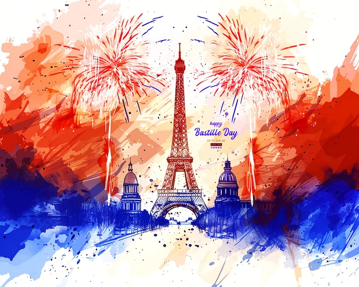 PSD a drawing of a tower with fireworks and a picture of the eiffel tower