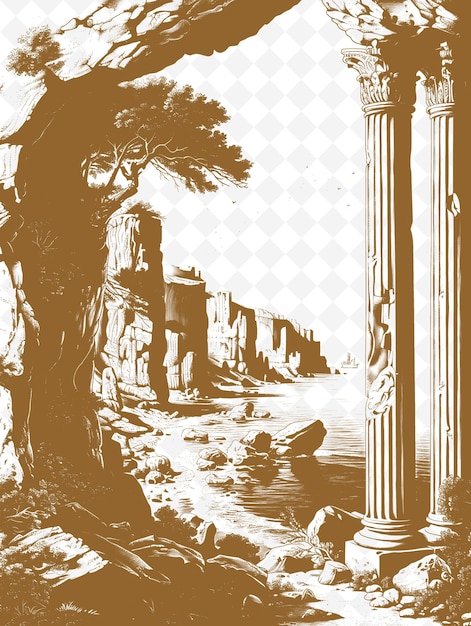 Un disegno di un albero e le rovine del tempio degli dei