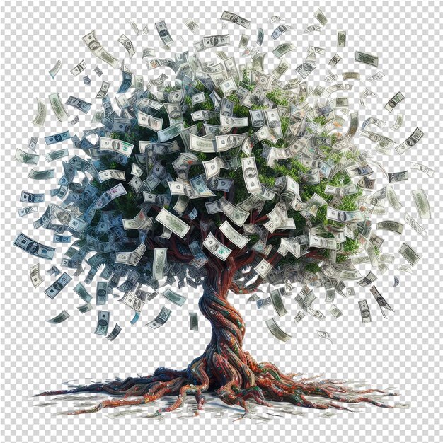 PSD a drawing of a tree with many bills spread out on it