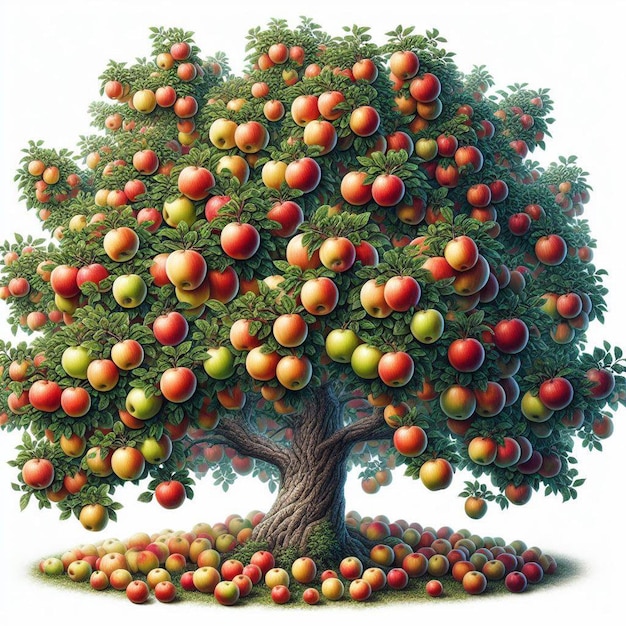 A drawing of a tree with many fruits on it