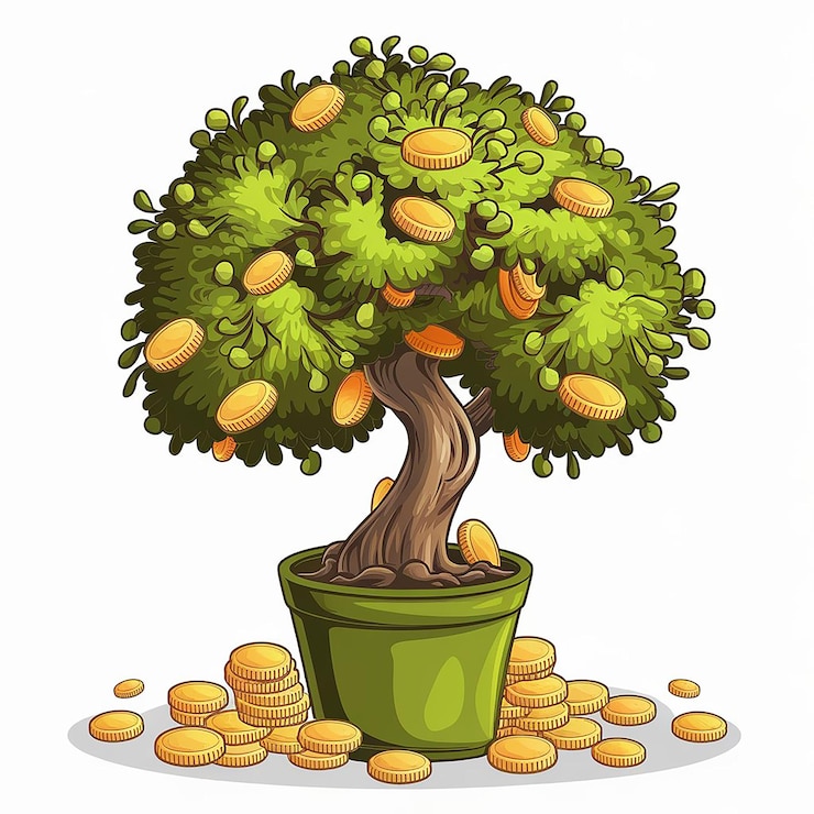 PSD a drawing of a tree with a pot of gold coins
