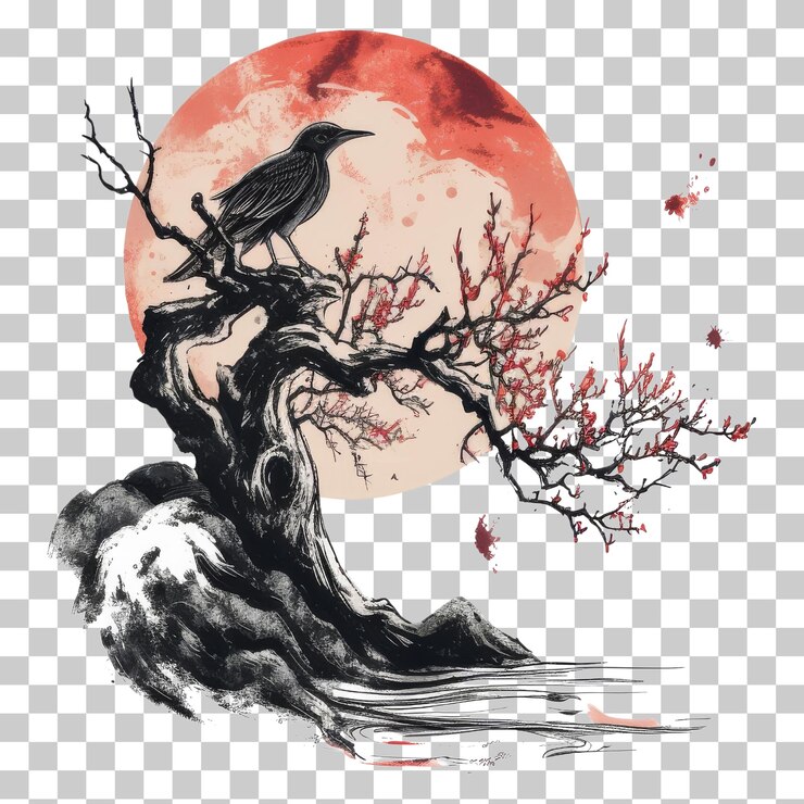 PSD a drawing of a tree with a red moon in the background suitable for tshirt design
