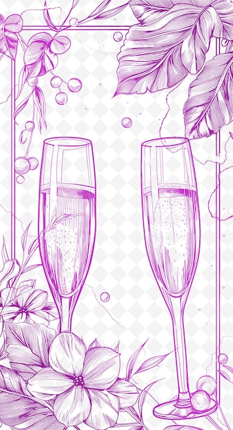 Un disegno di due bicchieri di champagne con fiori e foglie