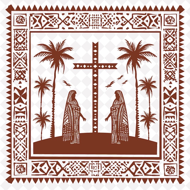 PSD a drawing of two men in front of a cross with palm trees in the background