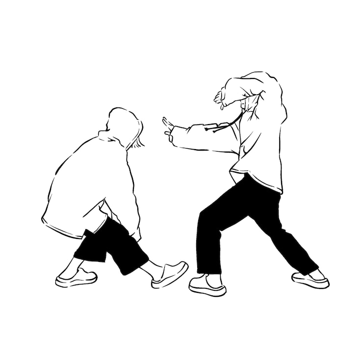 PSD a drawing of two people fighting with one of them pointing at something.