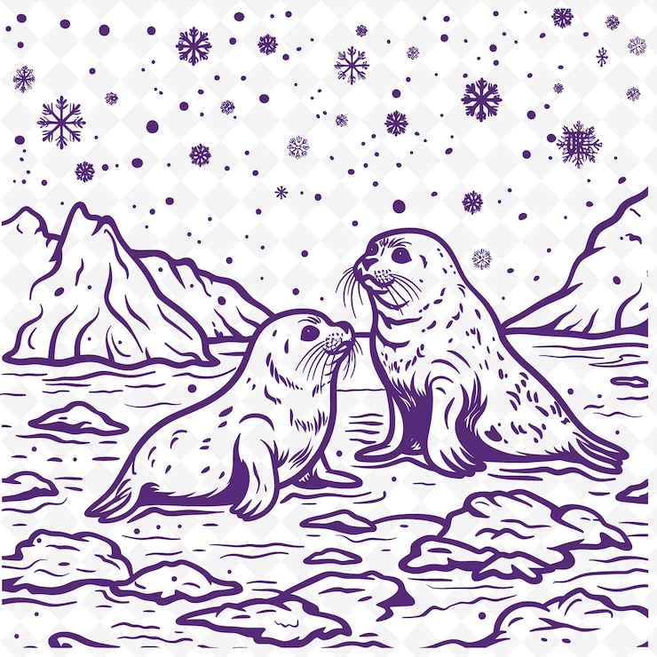 PSD a drawing of two sea lions with snow on the top of them