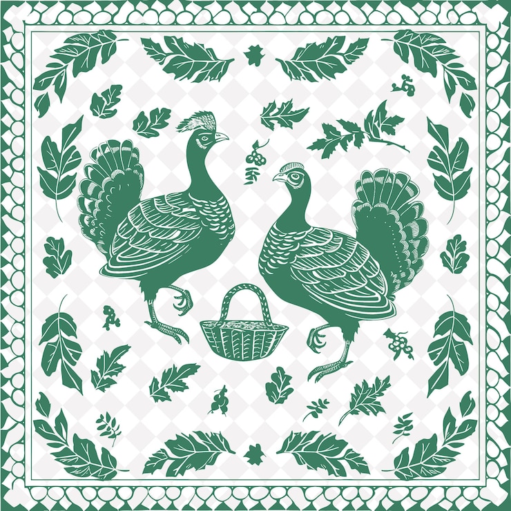 PSD a drawing of two turkeys in a frame with a basket of eggs