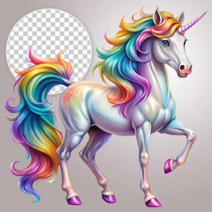 PSD a drawing of a unicorn with the rainbow on it on transparent background