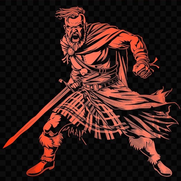 A drawing of a warrior with a sword and a sword