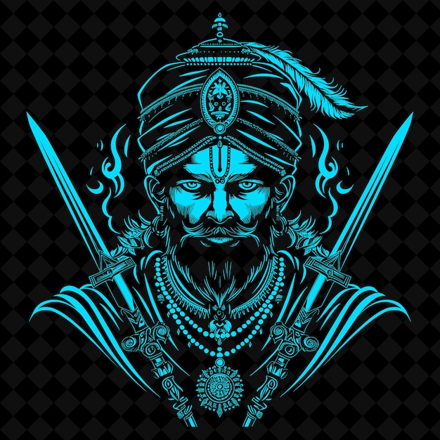 A drawing of a warrior with a sword and swords on a black background