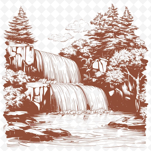 PSD un disegno di una cascata e degli alberi sullo sfondo