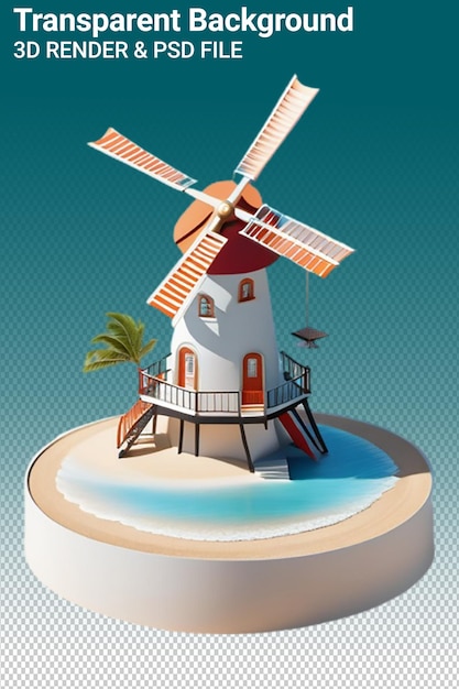 A drawing of a windmill on a beach with a palm tree in the background