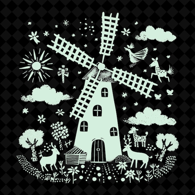 PSD a drawing of a windmill with a cow and birds on it