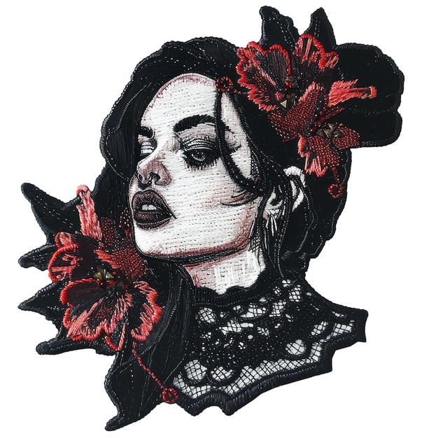 PSD un disegno di una donna con fiori e un fiore rosso