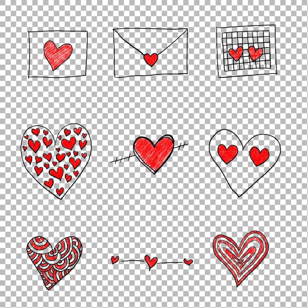 PSD drawings of hearts with colored in red marker