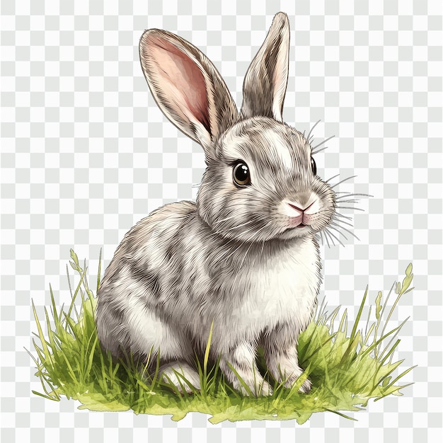 drawn shorthaired rabbit on grass with transparent background