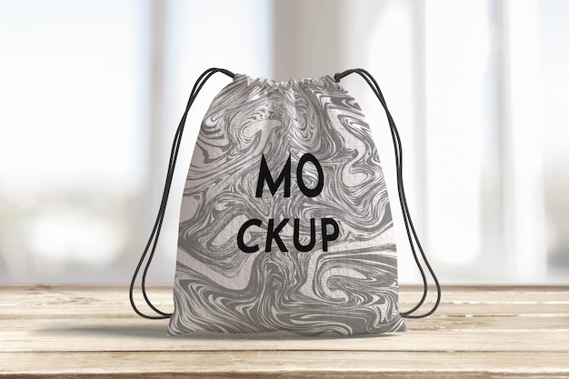 Drawstring Bag Mockup on Wooden Table