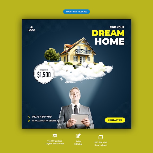 Dream house for sale social media square banner template