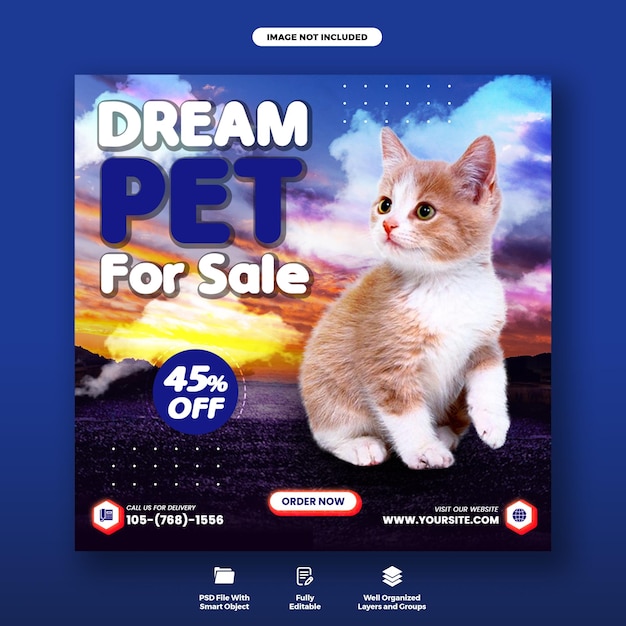 Баннер в социальных сетях о продаже домашних животных мечты и шаблон поста в instagram