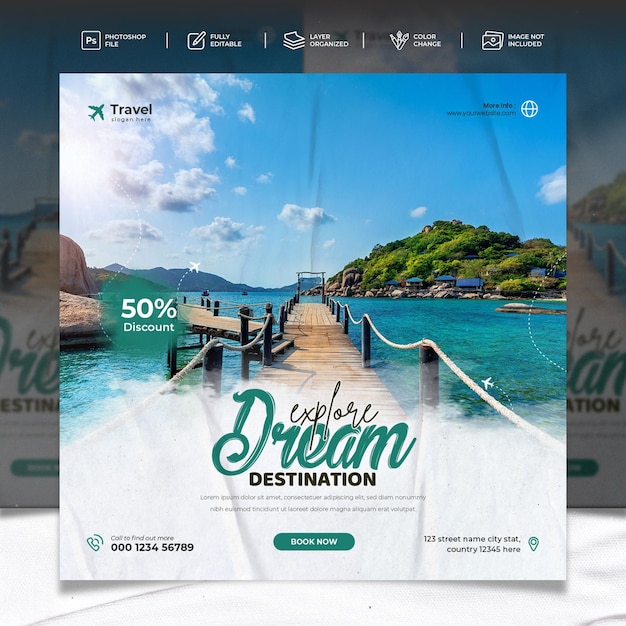 PSD tour di vacanze da sogno e avventure di viaggio sui social media instagram e design di post su facebook