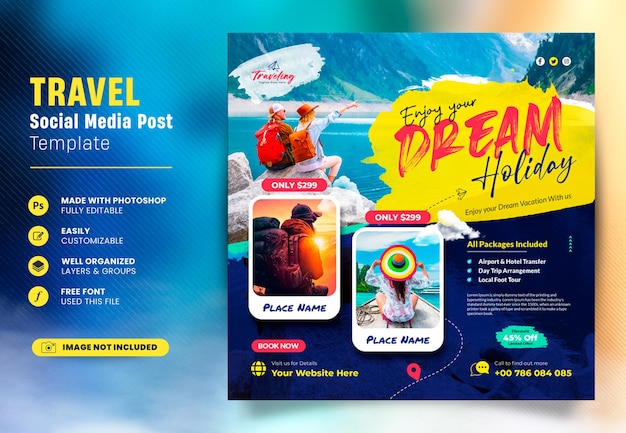 PSD dream vacation travel adventure tour trip social media instagram and facebook post design template